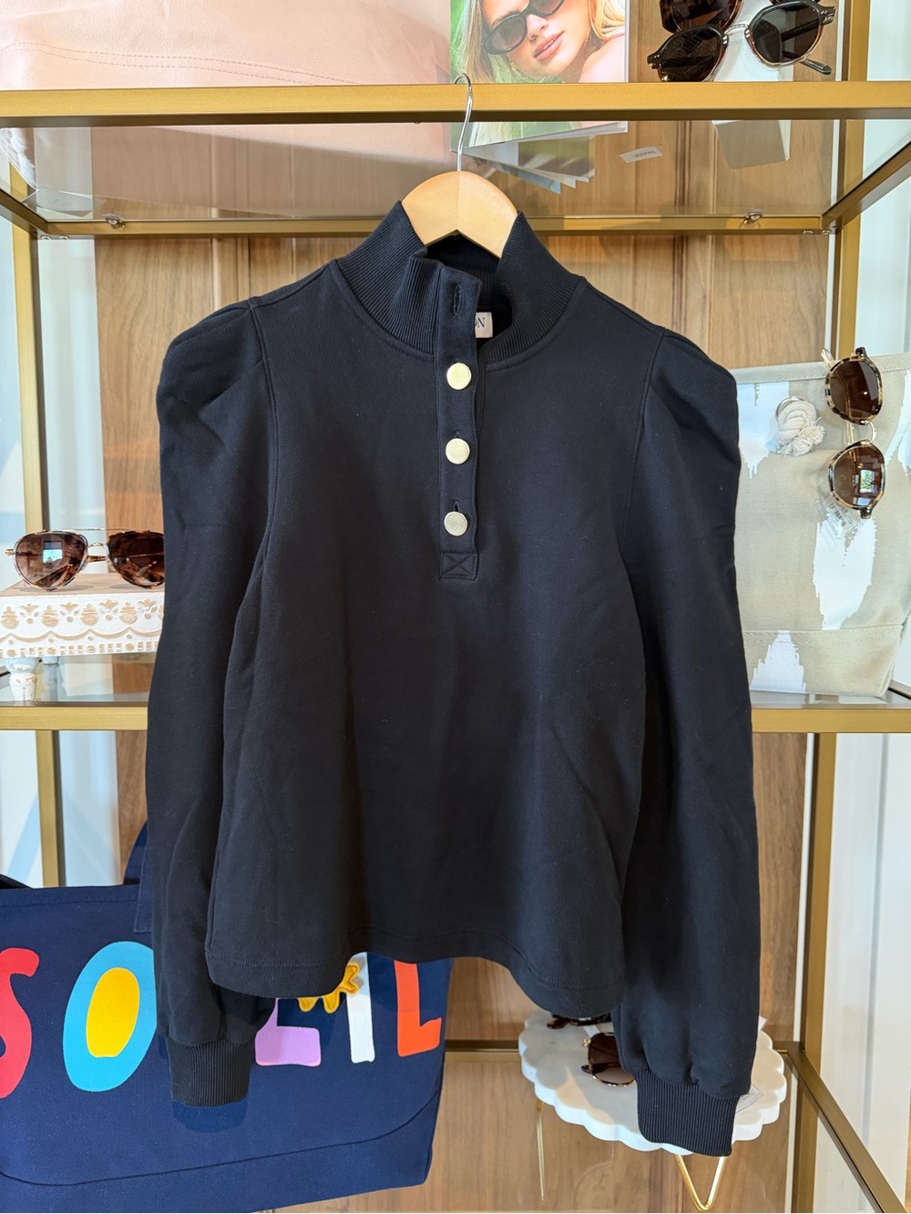 Nation LTD Black Puff-Sleeve Mock Neck Sweatshirt with Gold Buttons